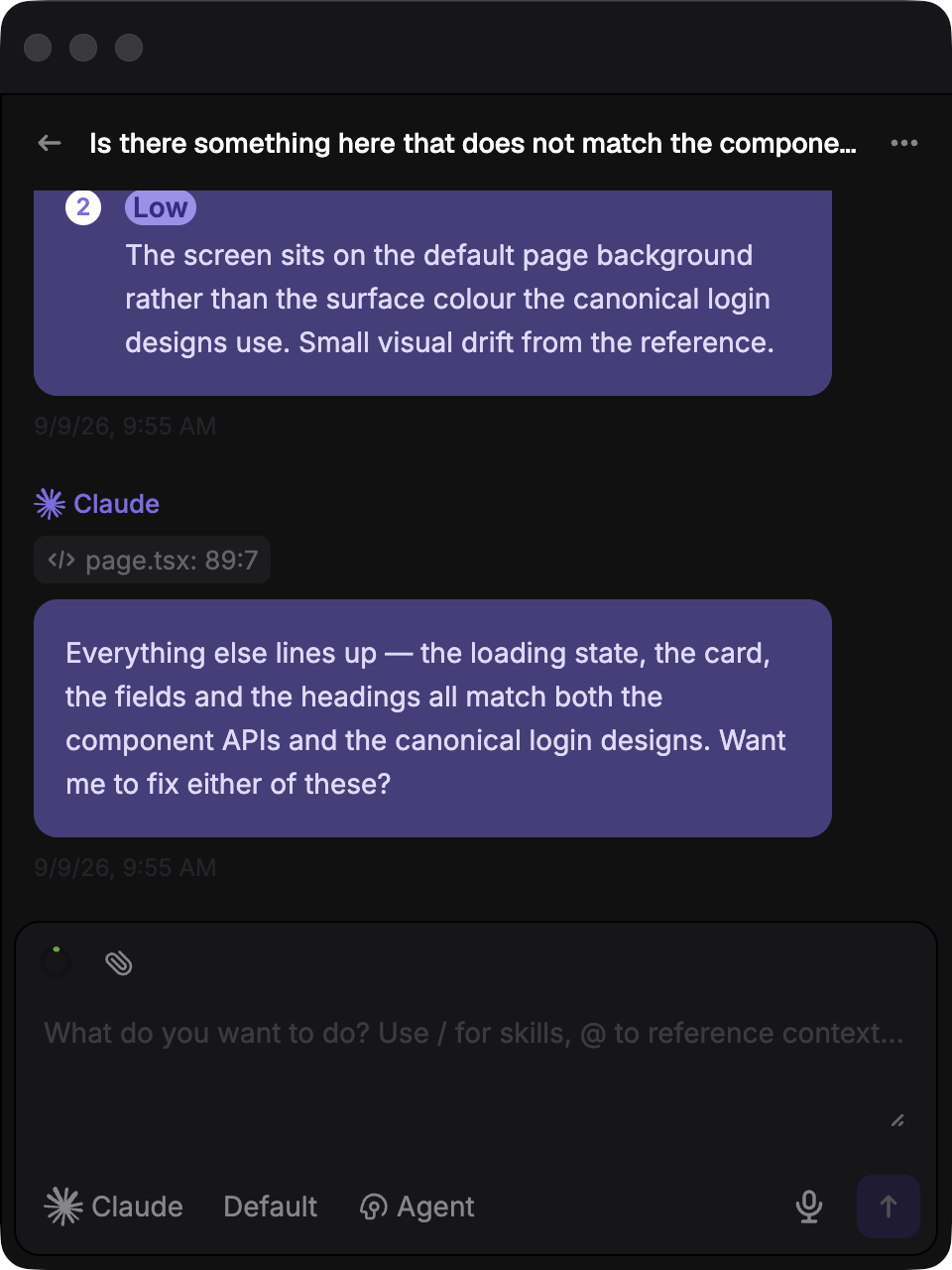 AI agent chat in Designbase using the project's components, patterns, and rules