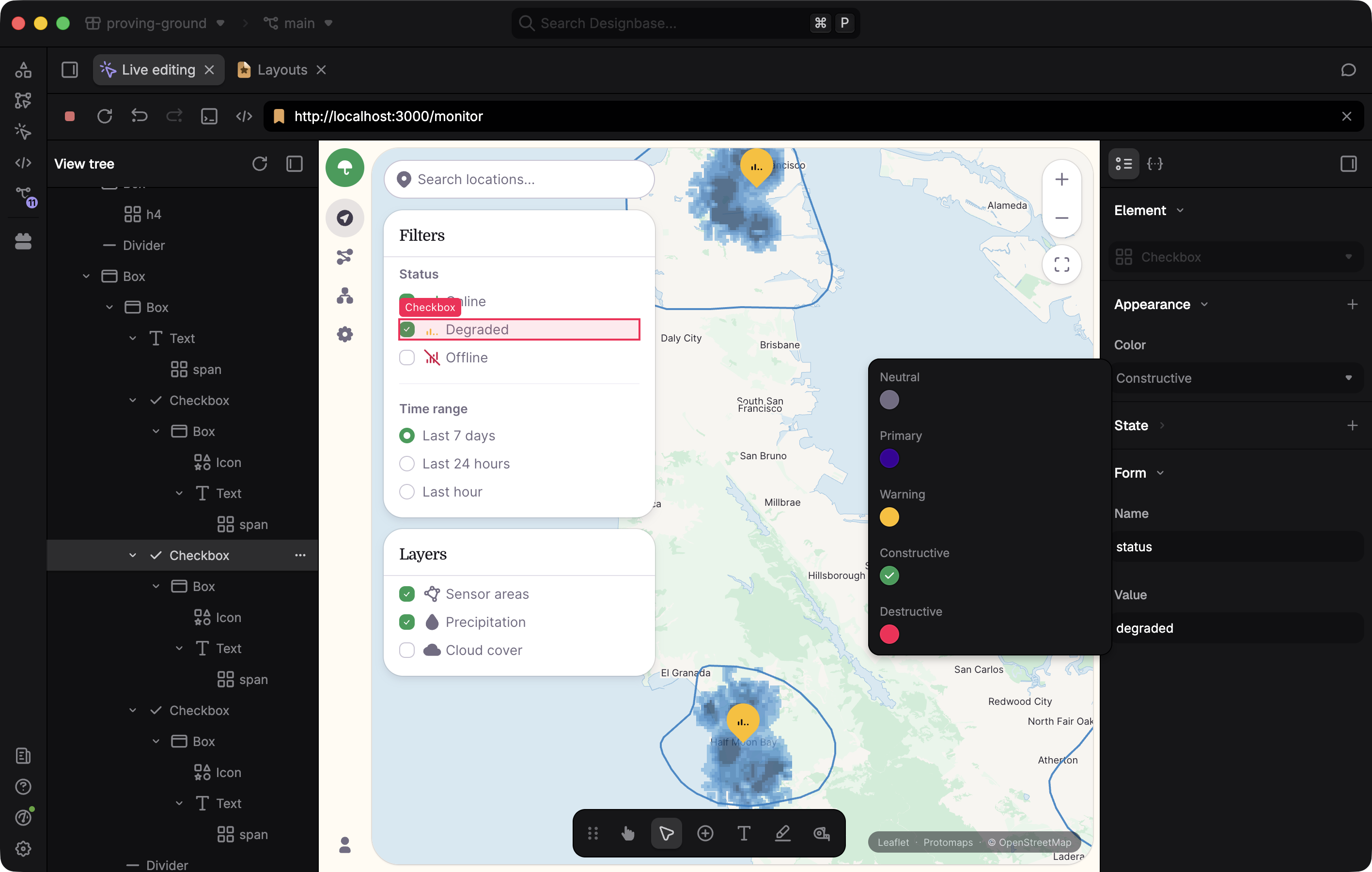 Designbase connected to a real codebase, showing components, patterns, and agents sharing one product context