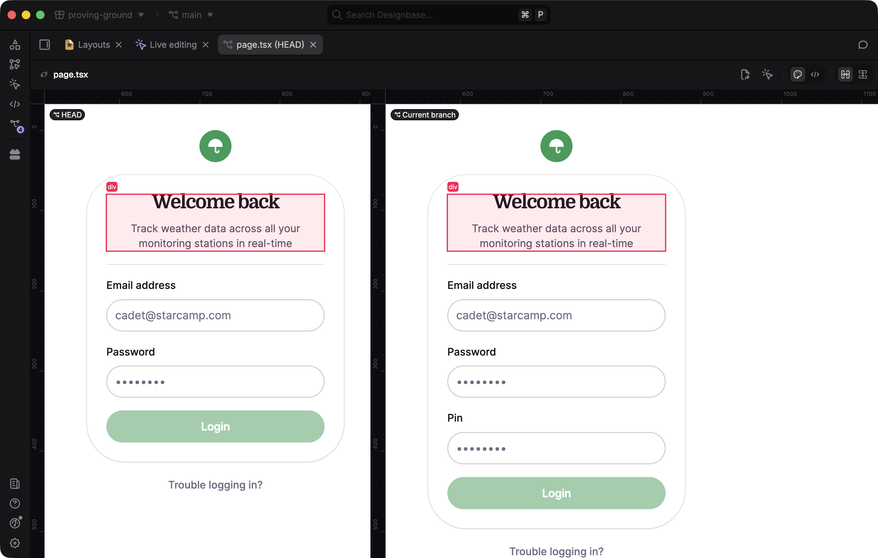 Before and after visual diff of a Designbase component with a summary of detected changes