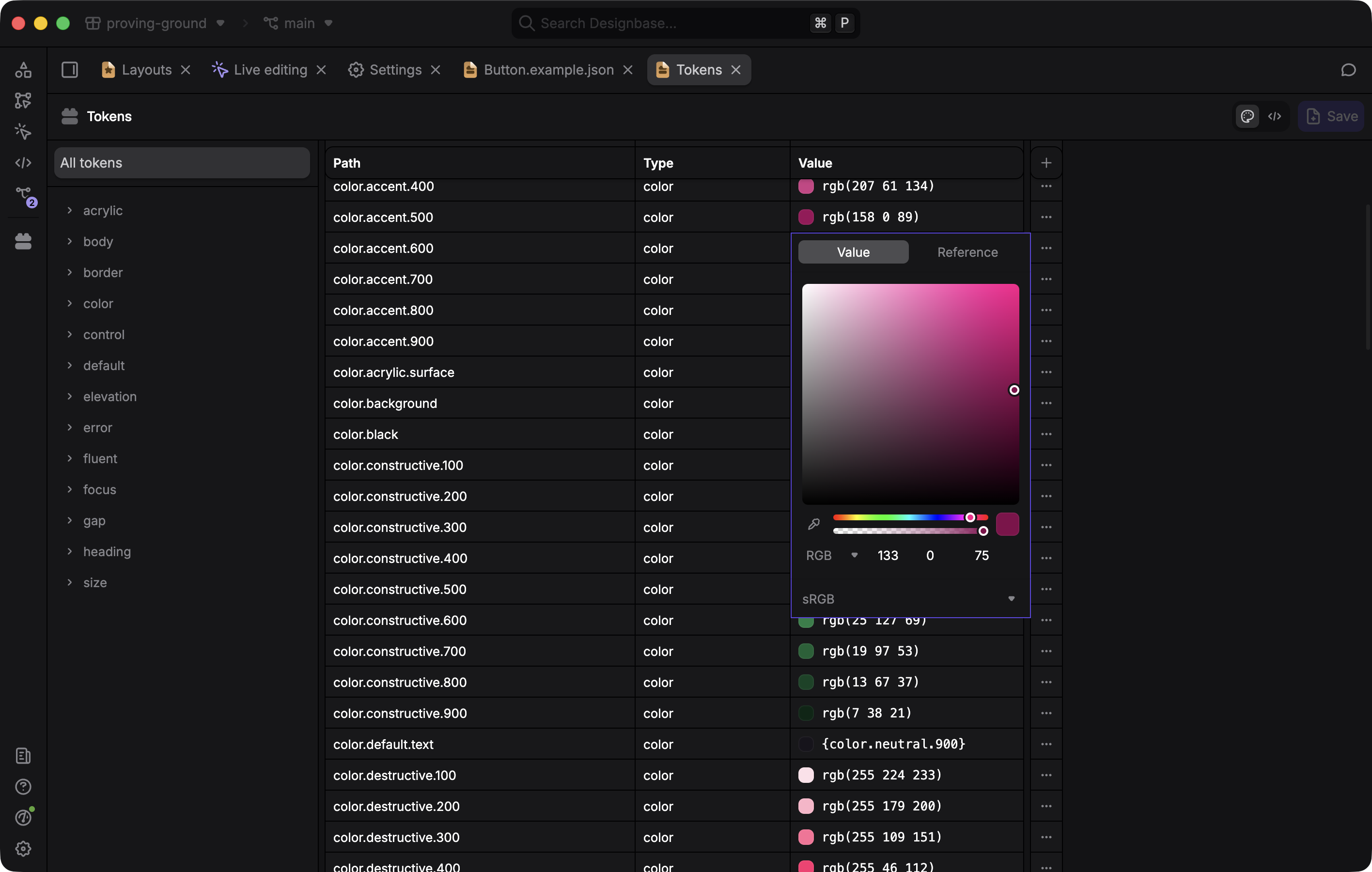 Designbase token manager showing color, typography, spacing, and radius tokens next to the product UI that uses them